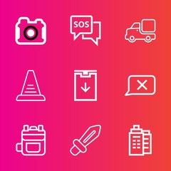 Premium set with outline vector icons. Such as concept, white, modern, transport, equipment, truck, help, backpack, business, photo, blade, building, sign, chat, real, rucksack, step, vehicle, lorry