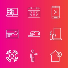 Premium set with outline vector icons. Such as owner, landlord, cap, fuel, stereo, audio, online, home, day, hand, phone, aerial, calendar, oil, music, timetable, communication, pointing, people, hat