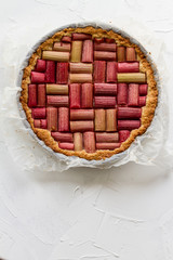Rhubarb pie, cake, tart. Isolated. Different color of backgrounds.