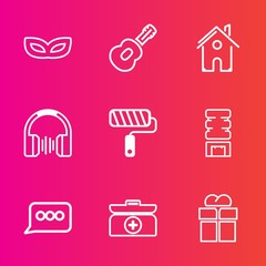 Premium set with outline vector icons. Such as real, kit, audio, speech, party, decoration, holiday, chat, roll, giftbox, cross, costume, cold, paint, guitar, box, estate, house, brush, package, mask