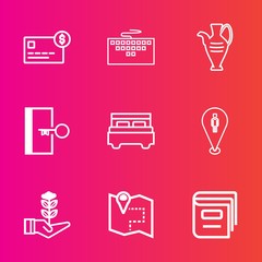 Premium set with outline vector icons. Such as map, seedling, digital, decorative, computer, library, payment, door, pc, work, interior, account, finance, vase, life, location, business, bank, road