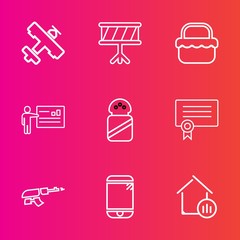 Premium set with outline vector icons. Such as air, grass, sound, salt, real, flight, diploma, ingredient, aviation, picnic, travel, park, business, transport, phone, template, presentation, property