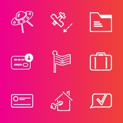 Premium set with outline vector icons. Such as cheque, america, key, alien, payment, blank, chat, air, home, bag, house, spaceship, ufo, transportation, plane, flag, airplane, aircraft, fly, finance