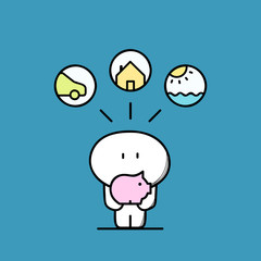 Cute funny man with piggy bank or money box, car, house, sun and sea symbol. Savings and save money, travel, auto and property purchase cartoon vector illustration.