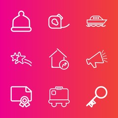 Premium set with outline vector icons. Such as travel, holiday, loud, white, speaker, real, luggage, star, head, security, adhesive, home, water, frame, bag, cap, certificate, increase, sound, sign