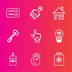 Premium set with outline vector icons. Such as modern, safe, bulb, hand, fahrenheit, credit, card, electric, , sign, television, retail, tv, fashion, bank, electricity, construction, estate, lamp, buy