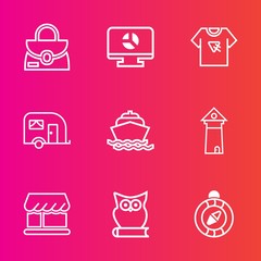 Premium set with outline vector icons. Such as compass, ocean, owl, travel, tshirt, van, transportation, europe, white, shop, chart, direction, animal, graph, architecture, fashion, object, shirt, bag