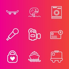 Premium set with outline vector icons. Such as appliance, camera, baggage, water, skateboarder, equipment, bag, travel, fishing, skater, sea, street, skate, film, machine, boat, skateboarding, style