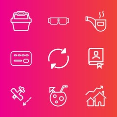 Premium set with outline vector icons. Such as real, summer, vintage, pipe, white, classic, card, address, vision, store, basket, bank, book, flight, aircraft, object, balance, style, food, property