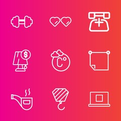 Premium set with outline vector icons. Such as electricity, classic, sign, office, sport, lamp, temperature, sunglasses, tobacco, physical, fahrenheit, barbell, building, scale, pipe, call, web, paper