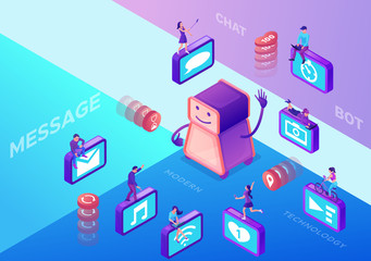 Chatbot service isometric vector illustration with icons set and robot, communication by gadgets, smartphone, mobile chat technolodgy concept, message app background