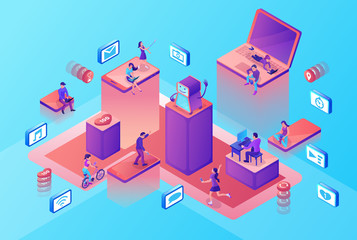Chatbot service isometric illustration with modern hipster people communicating by gadgets, smartphone, mobile chat technolodgy concept, message app, landing page template