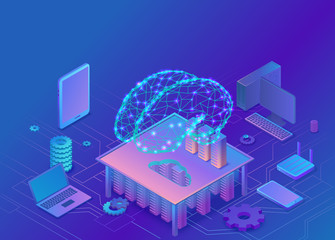 Artificial intelligence concept with electric brain and neural network, isometric 3d illustration with smartphone, laptop, mobile gadget, modern data storage banner, landing page background - 203387036