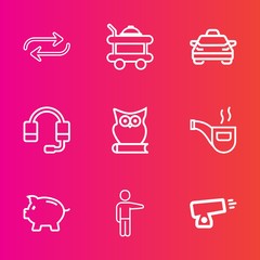 Premium set with outline vector icons. Such as money, vintage, transport, taxi, military, coin, retro, replace, replacement, gun, hand, breakfast, bank, transportation, support, microphone, substitute