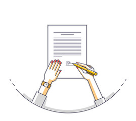 Business woman signs contract official paper document with seal, lady boss signs an order or directive, approve disposal, CEO manager chief, top view of paper with woman hands. Vector illustration.