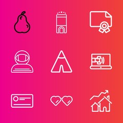Premium set with outline vector icons. Such as finance, organic, diploma, spacesuit, money, travel, astronaut, house, food, fruit, communication, frame, service, certificate, achievement, sun, space