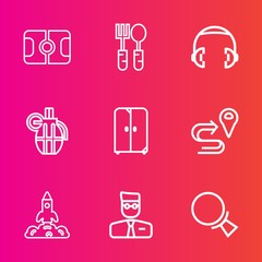 Premium set with outline vector icons. Such as audio, table, user, cabinet, location, sound, science, music, cupboard, shuttle, map, military, find, account, play, web, weapon, spoon, equipment, game