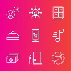 Premium set with outline vector icons. Such as journey, tune, money, sign, fuel, music, freelance, melody, travel, white, online, digital, freelancer, suitcase, computer, sound, work, oil, cash, safe