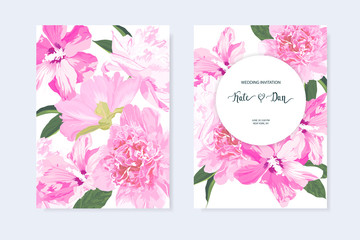 Floral bridal set with hibiscus and peony. For wedding, Valentine's day, Birthday. Vector illustration. Watercolor style