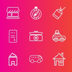 Premium set with outline vector icons. Such as suitcase, architecture, money, store, west, modern, white, business, bus, move, market, travel, sign, element, car, aid, front, nautical, luggage, cross