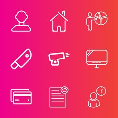Premium set with outline vector icons. Such as cut, food, social, document, architecture, banking, meat, war, computer, internet, modern, businessman, meeting, contract, military, seminar, real, money