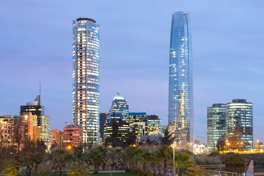 Skyline of Financial District in Las Condes from Bicentennial park in Vitacura, Santiago de Chile, South America