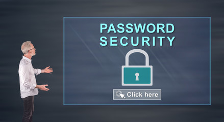 A password security concept explained by a businessman on a wall screen