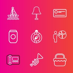 Premium set with outline vector icons. Such as travel, presentation, trumpet, stationary, bugle, compass, people, interior, phone, speed, north, office, electricity, food, lamp, direction, south, sea