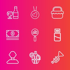 Premium set with outline vector icons. Such as red, winery, bottle, war, magnifying, plug, trumpet, alcohol, love, bugle, drink, usb, computer, jazz, glass, beverage, bank, technology, gift, cash