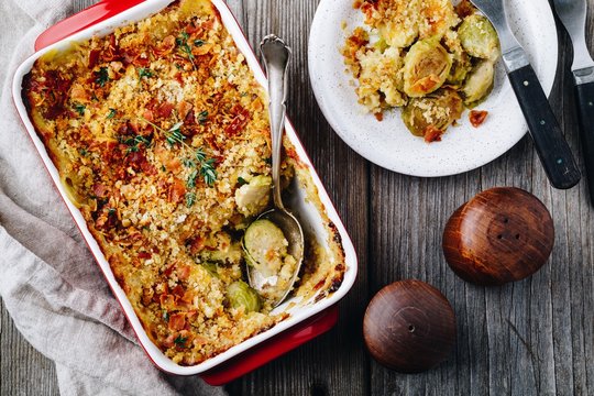 Baked brussel sprout gratin with a bacon and bread crumbs