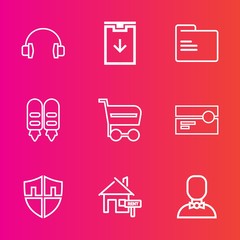 Premium set with outline vector icons. Such as arrow, button, , retail, folder, cart, audio, shop, paper, supermarket, protection, male, device, music, download, security, home, object, buy, earphone