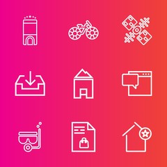 Premium set with outline vector icons. Such as download, space, snorkel, ride, global, sport, house, home, list, service, favorite, technology, apartment, sea, holiday, wheel, interior, speech, pedal