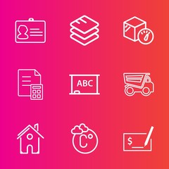 Premium set with outline vector icons. Such as check, financial, thermometer, board, weight, card, security, architecture, internet, vehicle, house, home, data, computer, blackboard, chalkboard, pay