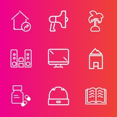 Premium set with outline vector icons. Such as paper, property, vitamin, summer, player, announcement, head, loudspeaker, market, book, page, literature, home, play, nature, increase, estate, health