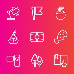 Premium set with outline vector icons. Such as light, open, book, click, modern, medicine, movie, flag, camera, snack, soccer, america, technology, country, food, sport, decoration, equipment, fast,