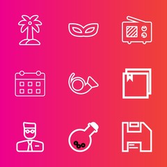 Premium set with outline vector icons. Such as timetable, carnival, coconut, diskette, calendar, wave, bugle, tool, holiday, medicine, palm, technology, computer, costume, antenna, mask, user, profile