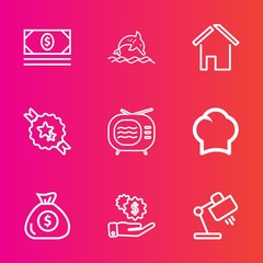 Premium set with outline vector icons. Such as currency, money, antenna, lamp, video, ribbon, wealth, water, coin, jump, television, estate, decorative, technology, cook, food, blue, property, uniform