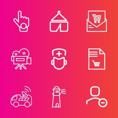 Premium set with outline vector icons. Such as light, point, notebook, outdoor, shopping, human, adventure, sign, medicine, summer, navigation, car, camera, vehicle, tripod, camp, receipt, ocean, tent