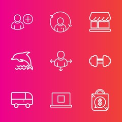 Premium set with outline vector icons. Such as rotation, white, internet, network, sport, sale, bus, fitness, dolphin, quality, refresh, user, road, person, store, account, tag, curtain, transport