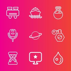 Premium set with outline vector icons. Such as planet, hour, see, star, medicine, water, clock, travel, music, sand, glasses, laboratory, astronomy, time, perfume, pump, boat, view, concept, search