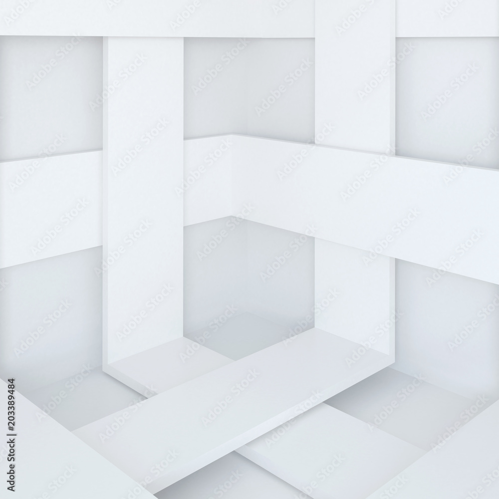 Poster 3d illustration. white abstract architectural background. angle with intersecting stripes. render.