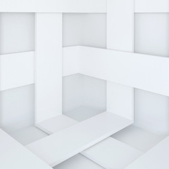 3d illustration. White abstract architectural background. Angle with intersecting stripes. Render.