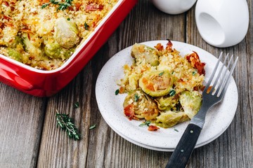 Baked brussel sprout gratin with a bacon and bread crumbs