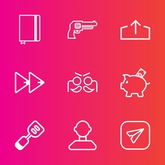 Premium set with outline vector icons. Such as handgun, button, textbook, money, profile, download, spatula, celebration, utensil, weapon, finance, communication, bank, coin, military, internet, party