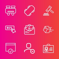 Premium set with outline vector icons. Such as style, web, buy, skateboarding, woman, view, courthouse, shipping, spy, profile, post, legal, justice, user, equipment, street, mail, transportation, see