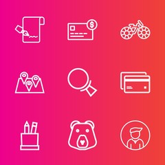 Premium set with outline vector icons. Such as pin, transportation, purchase, bank, note, wheel, man, card, boy, cycle, stationery, sign, map, document, money, plastic, road, location, banking, travel