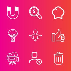 Premium set with outline vector icons. Such as search, direction, concept, cook, success, field, attraction, sky, parachute, camera, web, user, food, magnetic, magnet, retro, travel, sign, extreme, up