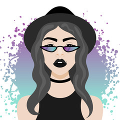 Vector illustration with hipster girl, geek glasses, hat in flat style.