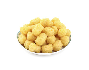 Tasty Round Shaped Yellow Snack Also Know as puffs, puffy Isolated on White Background