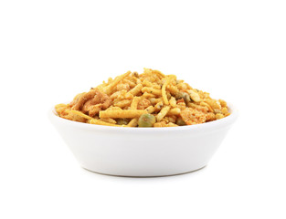 Indian Tasty Mix Namkeen Also Know as Namkin, Nimco and Mixture isolated on white background